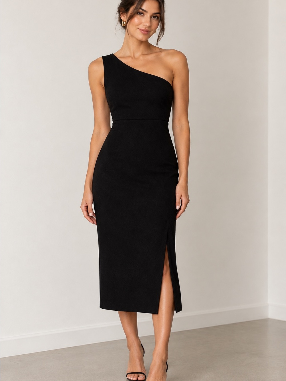 Lulu One-Shoulder Black Midi Dress